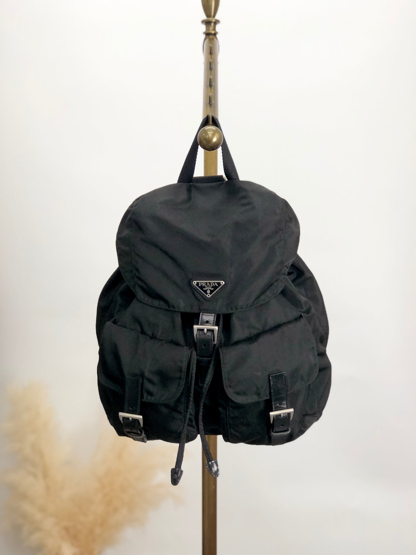 PRADA Triangle Logo Double Pocket Backpack Black Vintage sdny2f