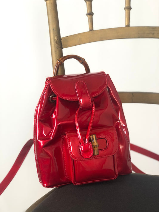 GUCCI Bamboo Patent Leather Small Backpack Red Vintage fxpb65