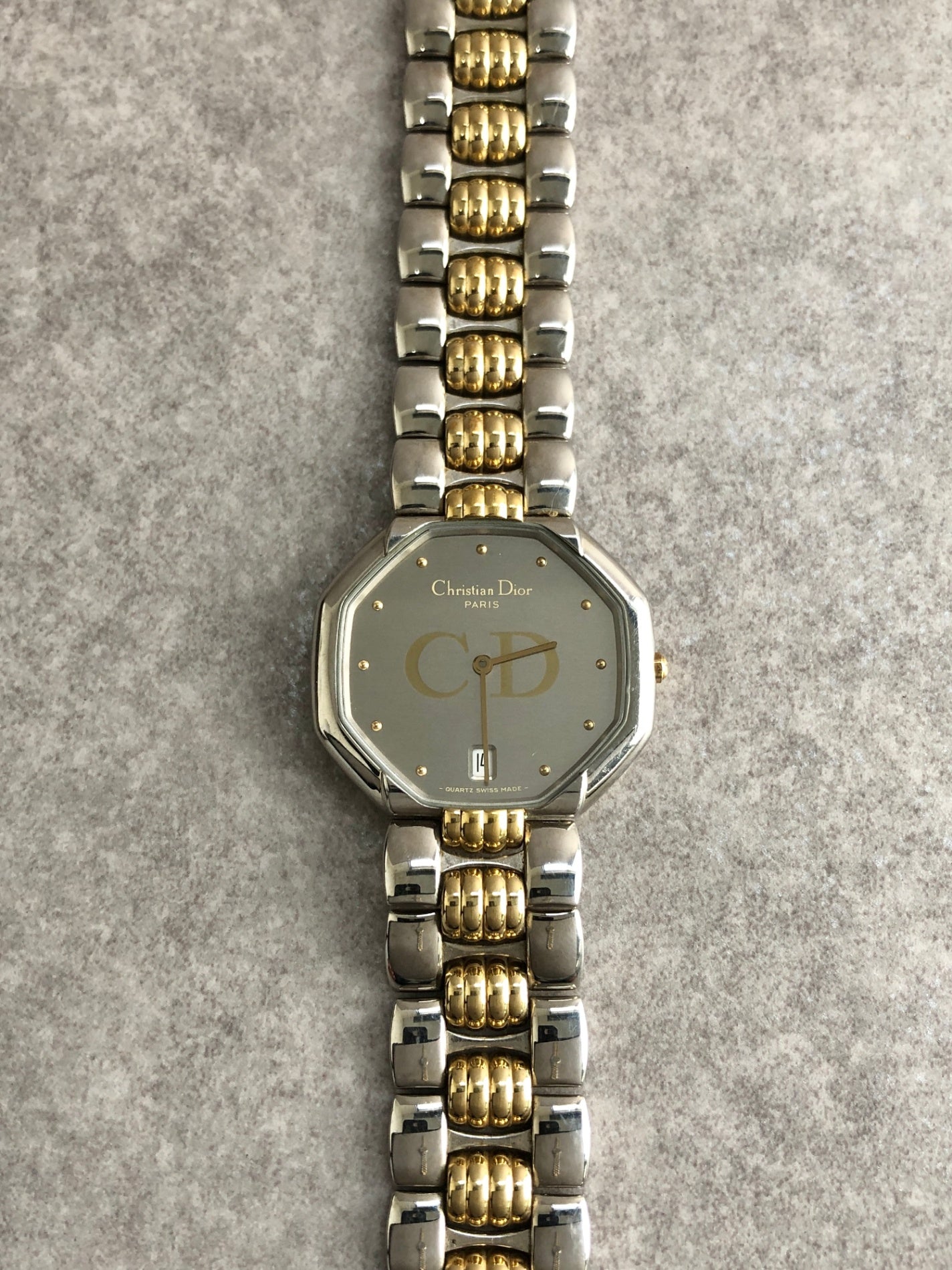 Christian Dior CD Logo Octagon Quartz Watch Silver×Gold Vintage evzwxv