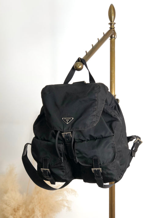 PRADA Tessuto Triangle Logo Double Pocket Backpack Black Vintage 8bgn3y