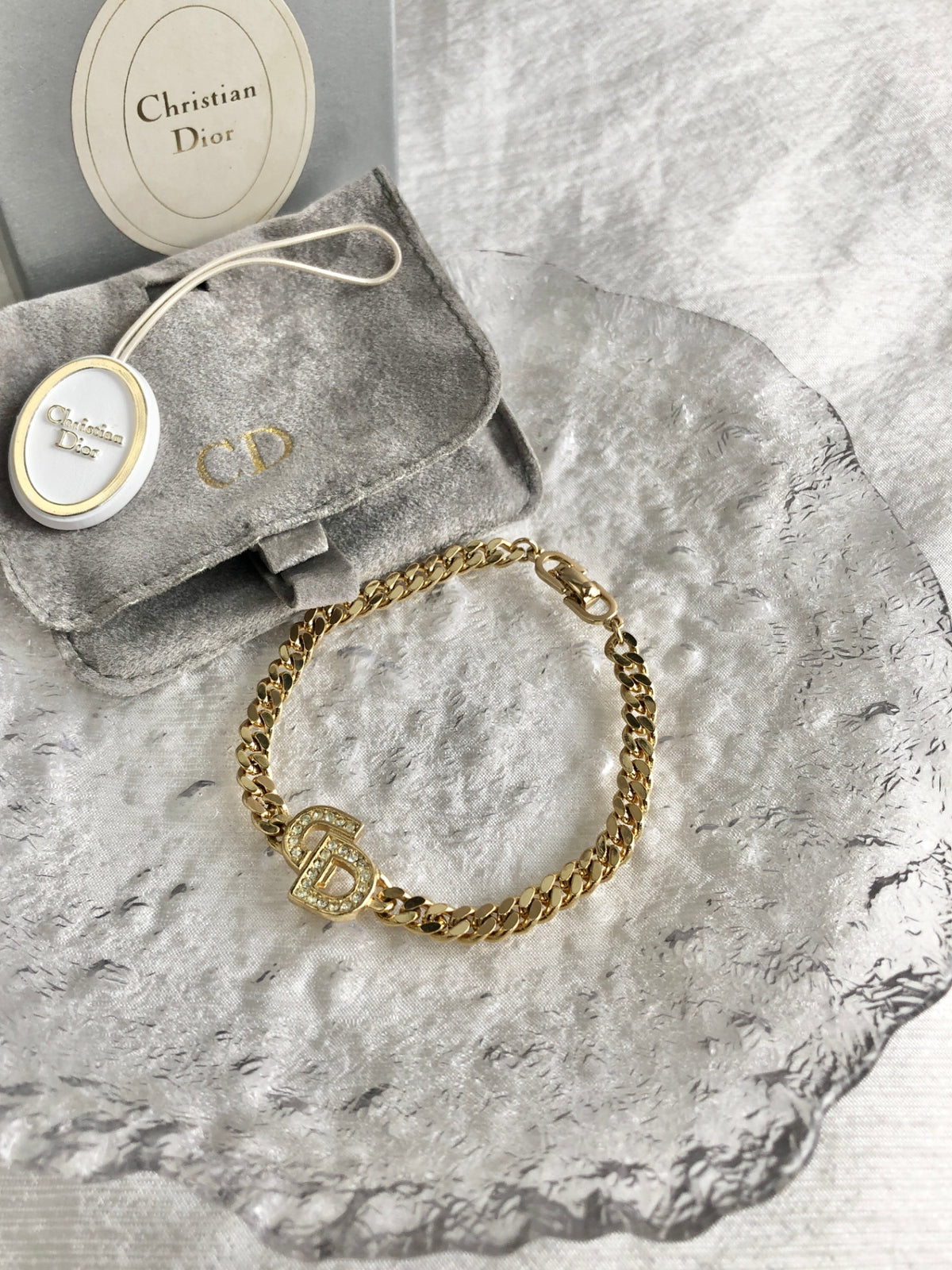 Christian Dior CD Logo Rhinestone Bracelet Gold Vintage z765k8