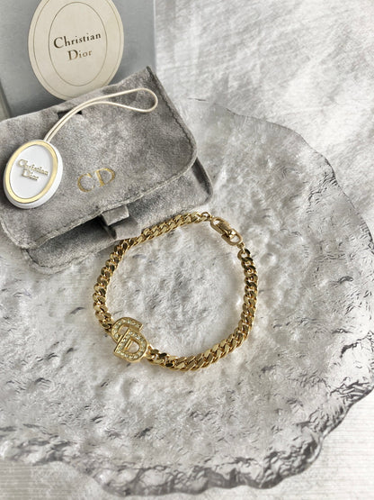 Christian Dior CD Logo Rhinestone Bracelet Gold Vintage z765k8