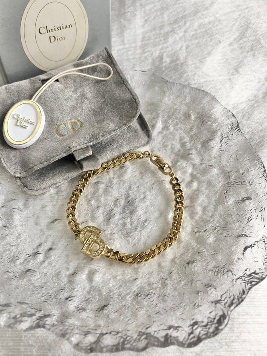Christian Dior CD Logo Rhinestone Bracelet Gold Vintage z765k8