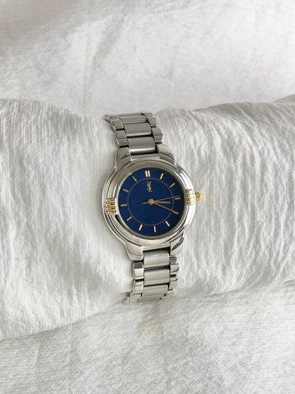 Yves Saint Laurent YSL Logo Quartz Watch Silver×Blue 6031-G11246 Vintage rcren6