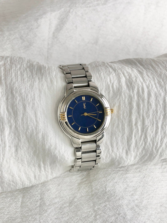 Yves Saint Laurent YSL Logo Quartz Watch Silver×Blue 6031-G11246 Vintage rcren6