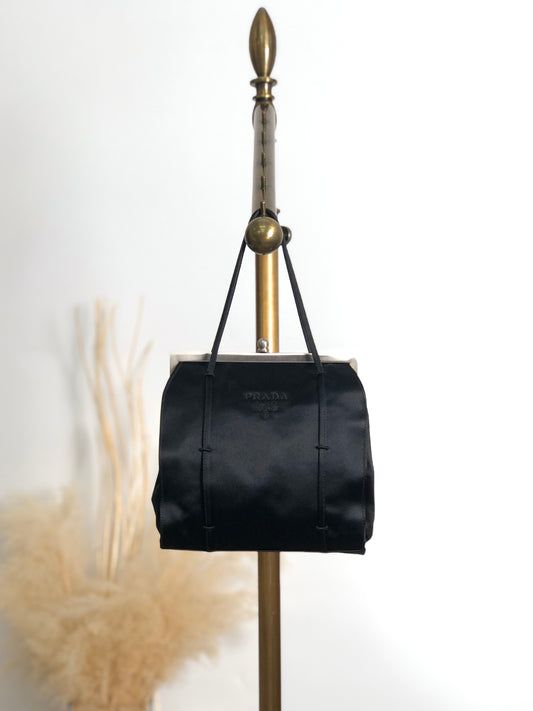PRADA Logo Metal Clasp Small Handbag Black Vintage sh35vg