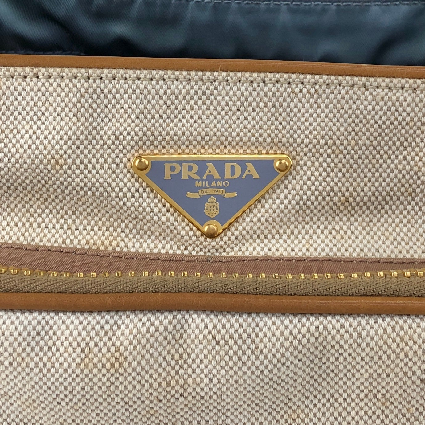 PRADA Triangle Logo Multi Pocket Handbag Totebag Beige×Blue Vintage fkki3a
