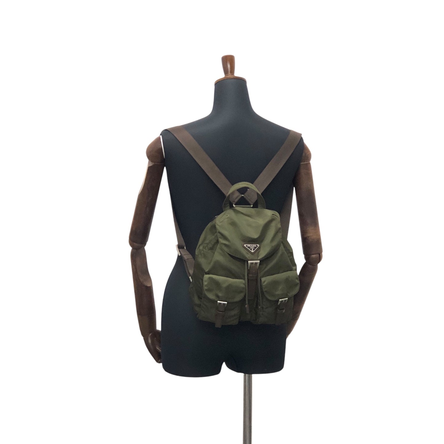 PRADA Triangle Logo Double Pocket Backpack khaki Vintage p3hihd