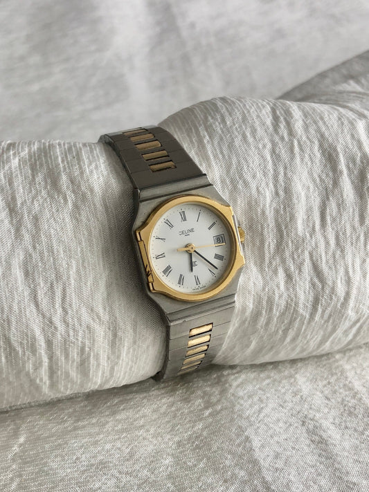 CELINE Logo Watch Silver×Gold 2245 Vintage d4racx