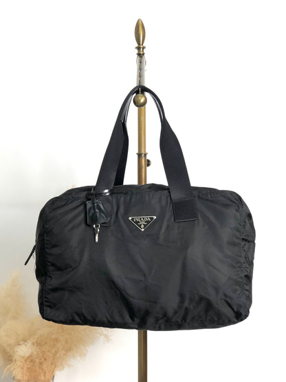 PRADA Tessuto Triangle Logo Boston bag Black Vintage utr82b