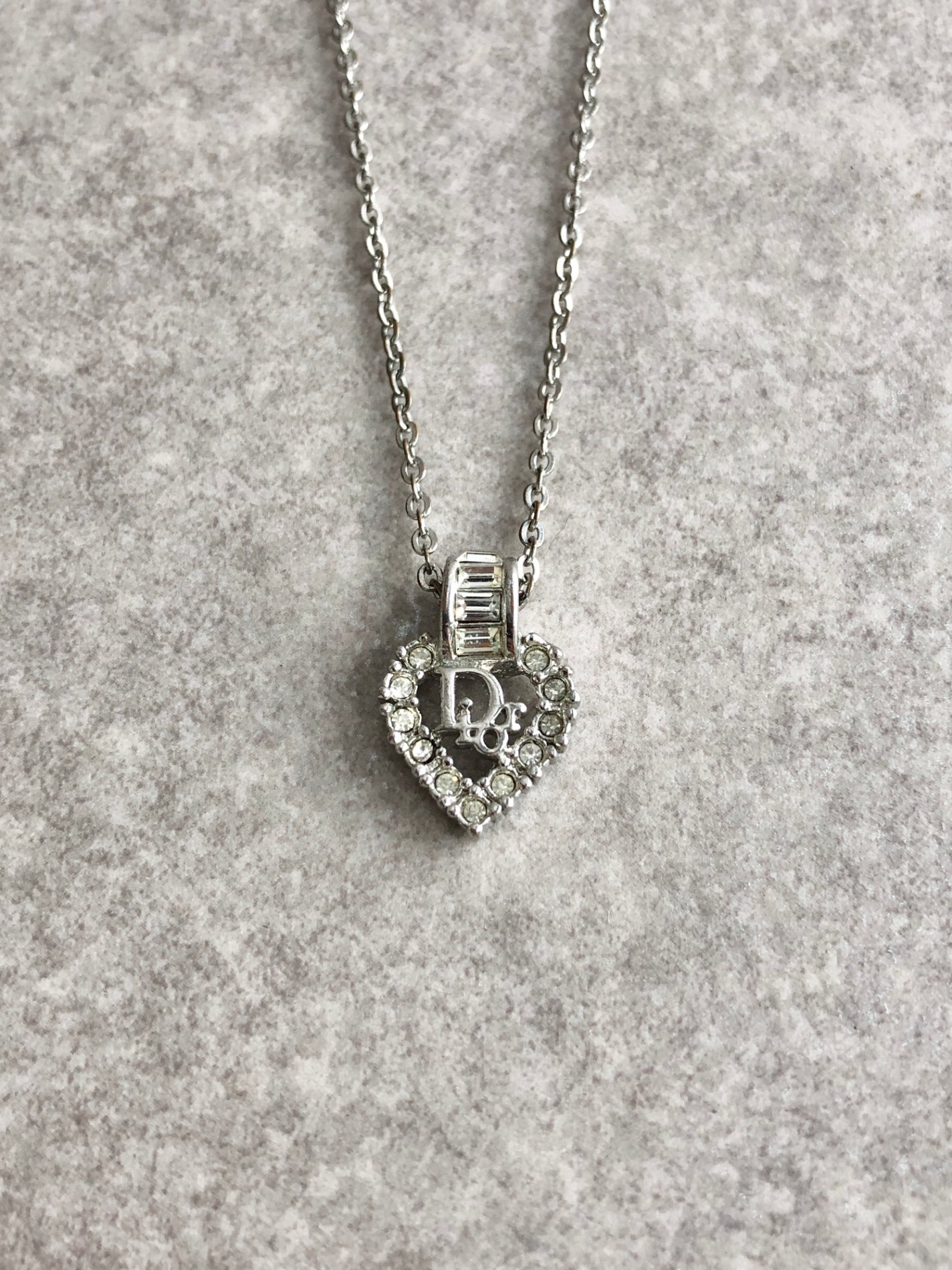 Christian Dior Logo Motif Rhinestone Necklace Silver Vintage a752cj