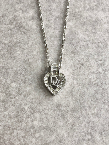 Christian Dior Logo Motif Rhinestone Necklace Silver Vintage a752cj