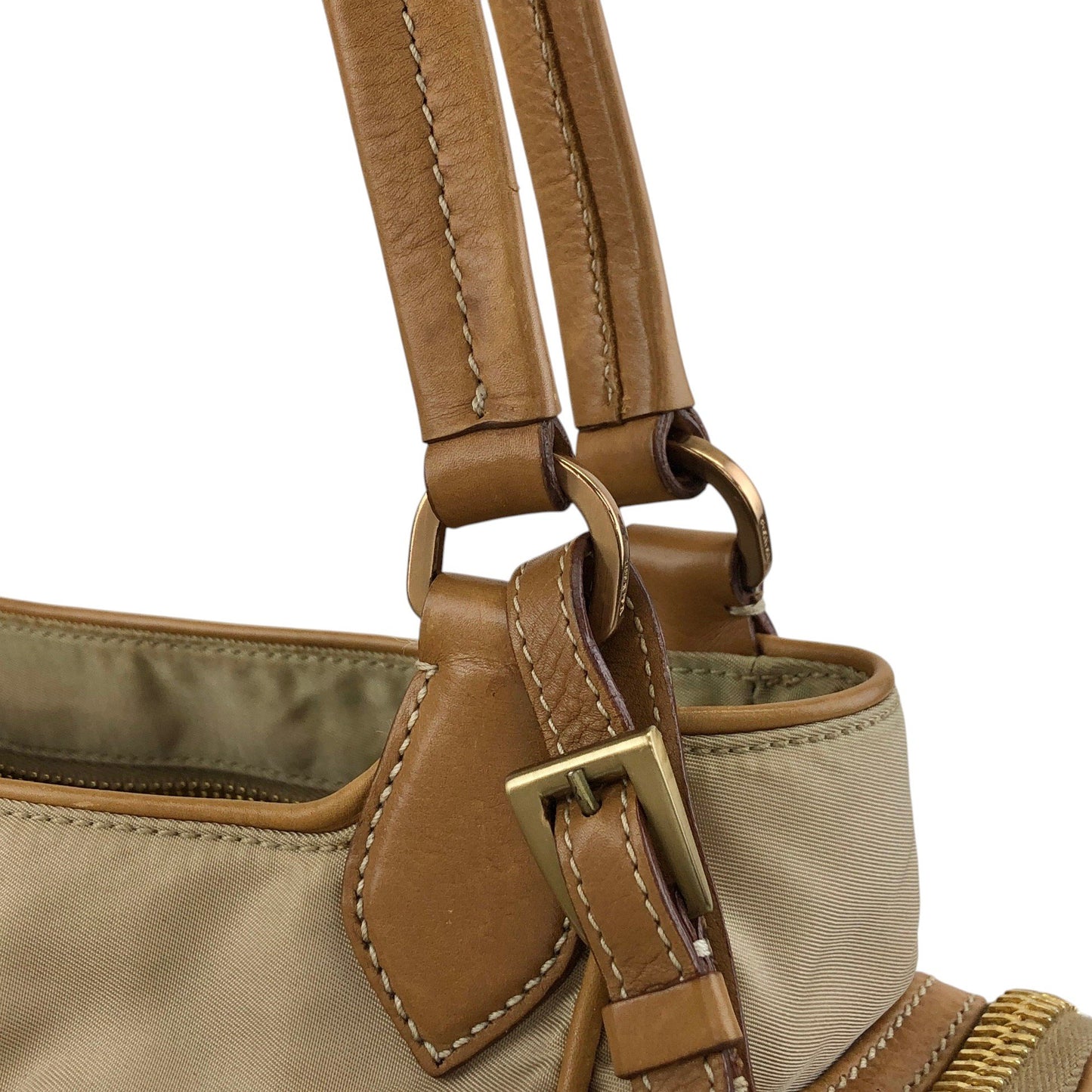 PRADA Tessuto Triangle Logo Side Pocket Handbag Beige Vintage a35ftn