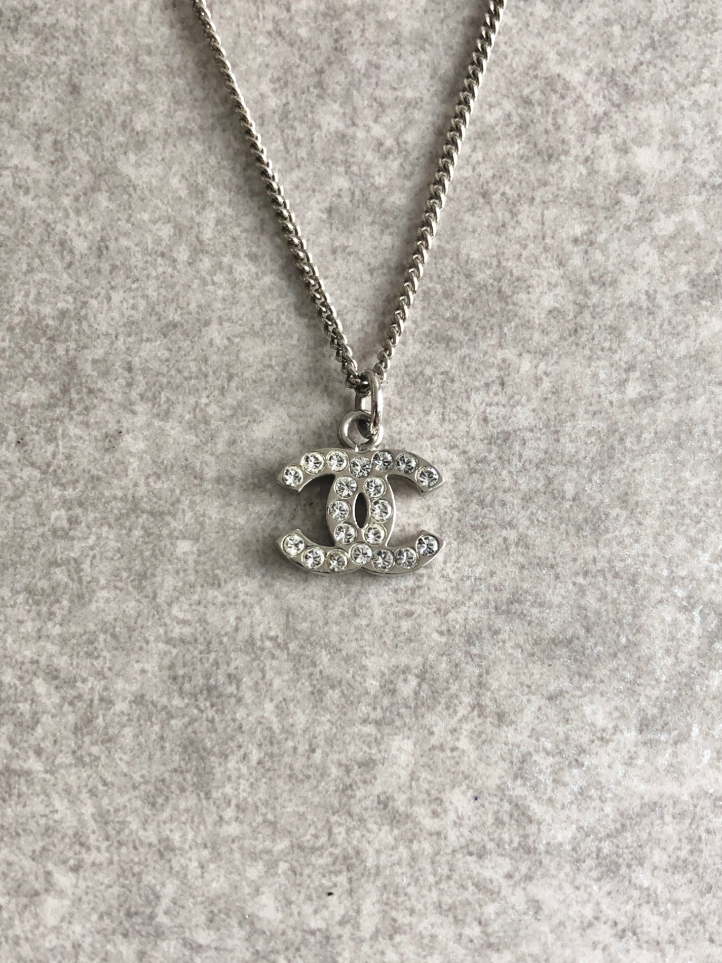 CHANEL Coco Mark Rhinestone Necklace Silver Vintage wsf6m8