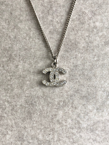 CHANEL Coco Mark Rhinestone Necklace Silver Vintage wsf6m8