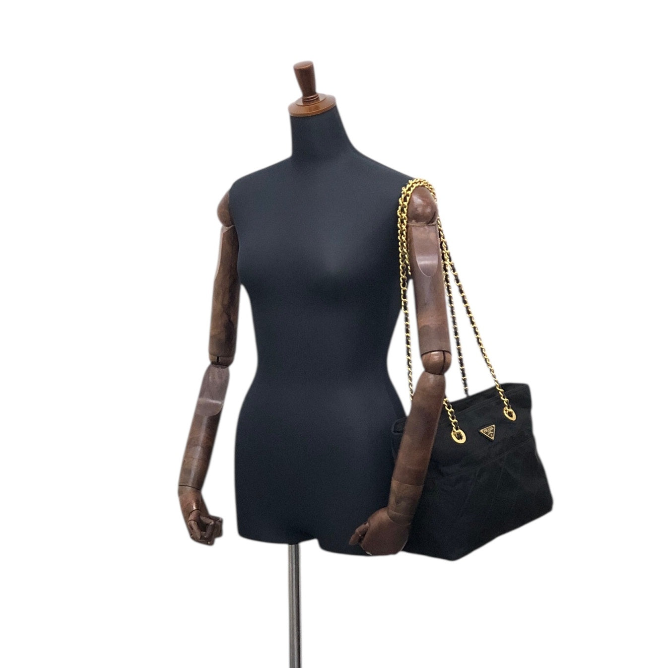 PRADA Tessuto Triangle Logo Chain Shoulder bag Black Vintage aymjy2