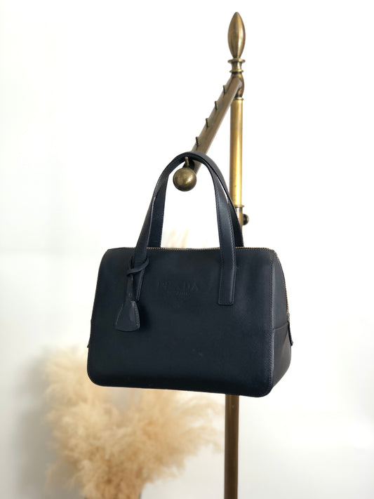 PRADA Logo Embossed Padlock Handbag Navy Vintage w43cew