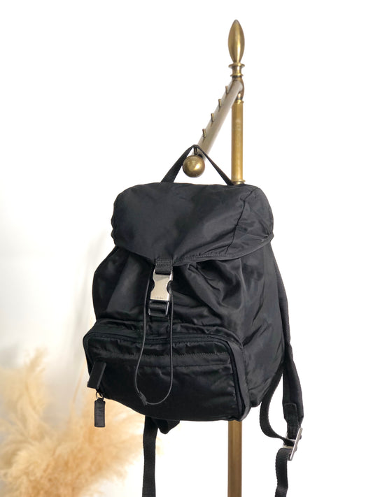 PRADA Tessuto Triangle Logo Front Buckle Backpack Black Vintage 8na4hp