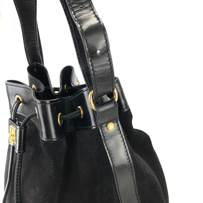 CELINE Gancini  Suede Leather Drawstring Shoulder bag Black Vintage swuscx