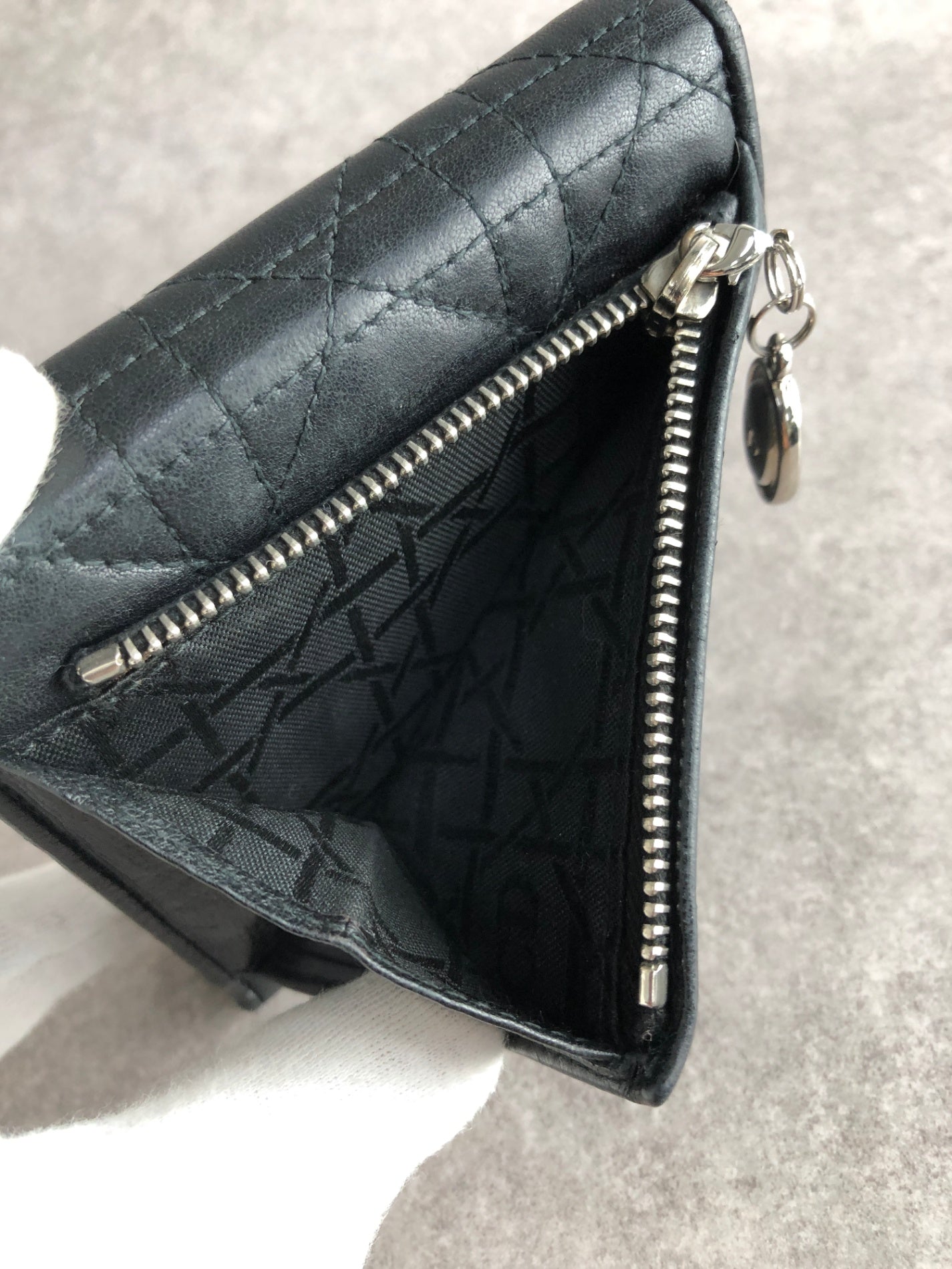 Christian Dior Cannage Logo Charm Trifold Wallet Black Vintage