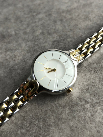 Yves Saint Laurent YSL Logo Quartz Watch Gold×Silver 5421-H08070 Vintage nmsz84