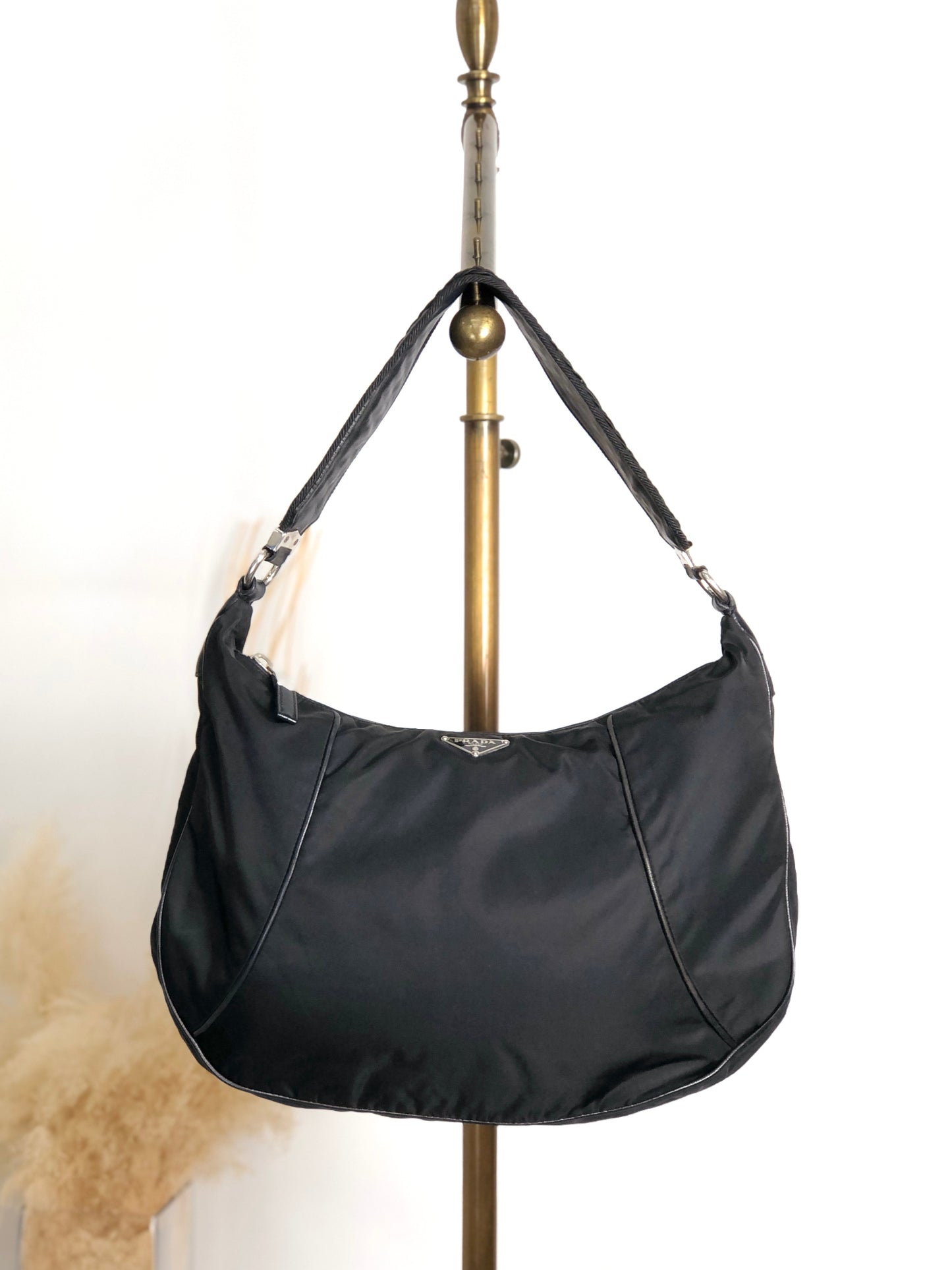PRADA Tessuto Triangle Logo Shoulder bag Hobobag Black Vintage hub83u