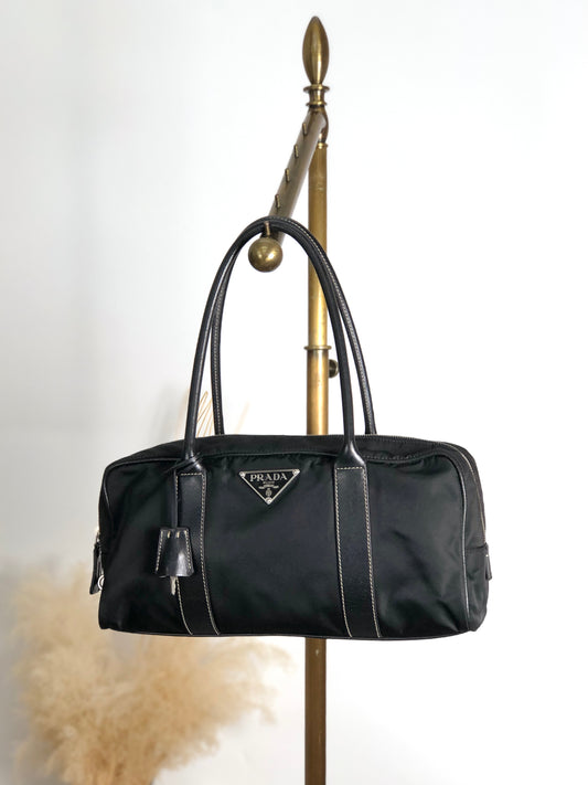 PRADA Tessuto Triangle Logo Padlock Small Boston bag Handbag Black Vintage xxiw34