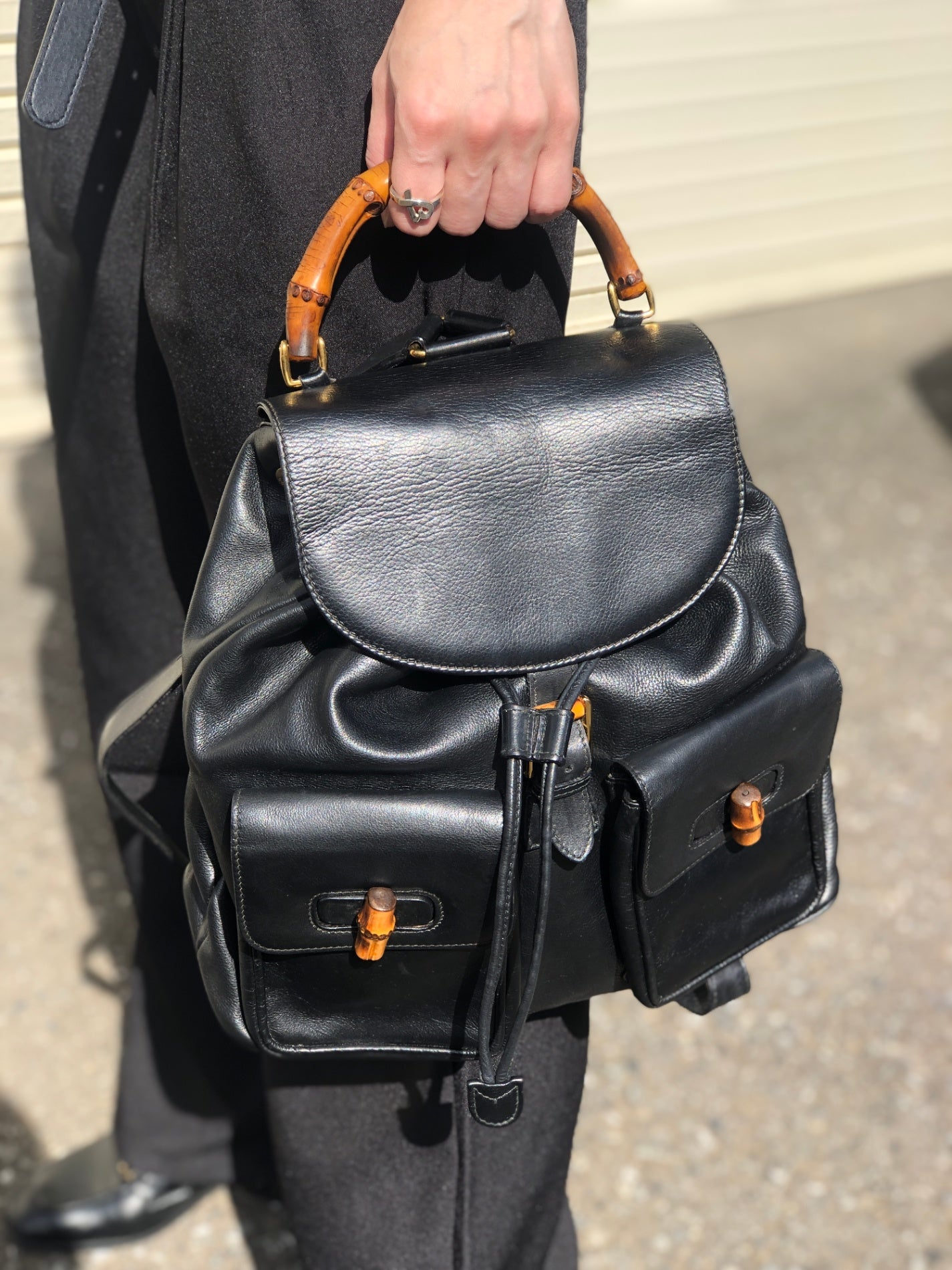 GUCCI Bamboo Double Pocket Backpack Black Vintage 5xx4xe