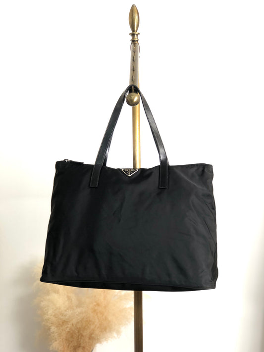 PRADA Tessuto Triangle Logo Handbag Totebag Black Vintage cxhrm8