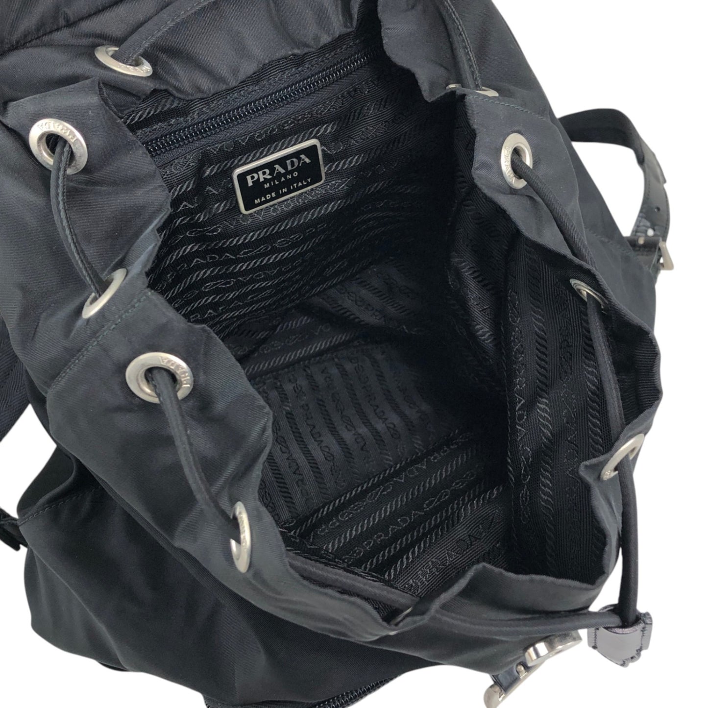 PRADA Tessuto Triangle Logo Front Buckle Backpack Black Vintage ue56ys