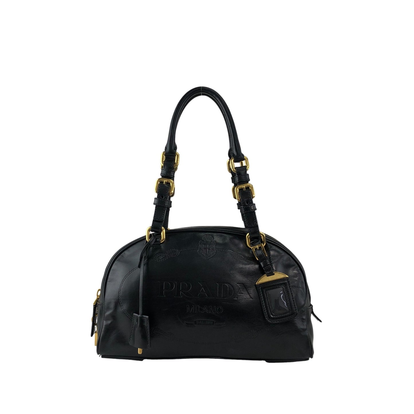 PRADA Logo Embossed Handbag Boston bag Black Vintage nvtnhw