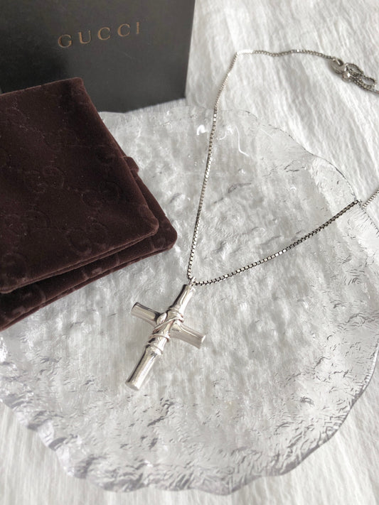 GUCCI Bamboo Cross Motif SILVER925 Necklace Silver Vintage 2rvcss