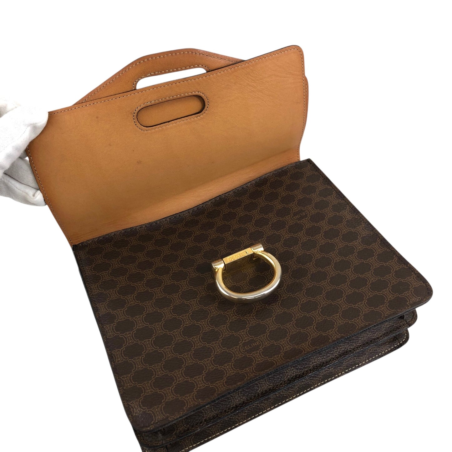 CELINE Macadam Horseshoe Double Flap Handbag Brown Vintage ypryyk
