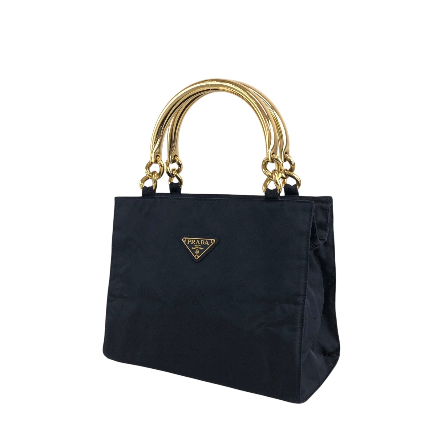 PRADA Triangle Logo Metal Handle Handbag Navy Vintage 5c4zz4