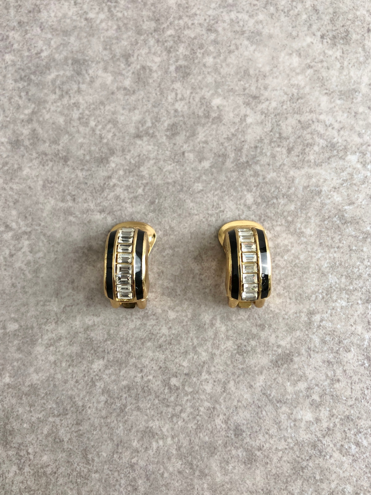 Christian Dior Rhinestone Earrings Gold×Black Vintage puchn3