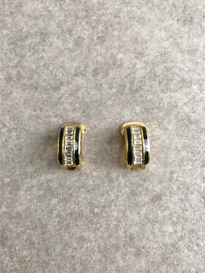 Christian Dior Rhinestone Earrings Gold×Black Vintage puchn3