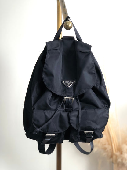 PRADA Triangle Logo Front Buckle Backpack Black Vintage rb7g4g