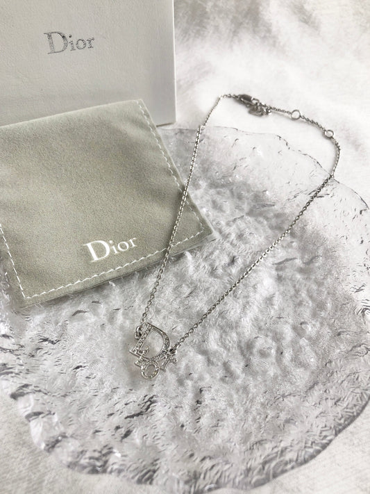 Christian Dior Logo Motif Rhinestone Necklace Silver Vintage zemmc7