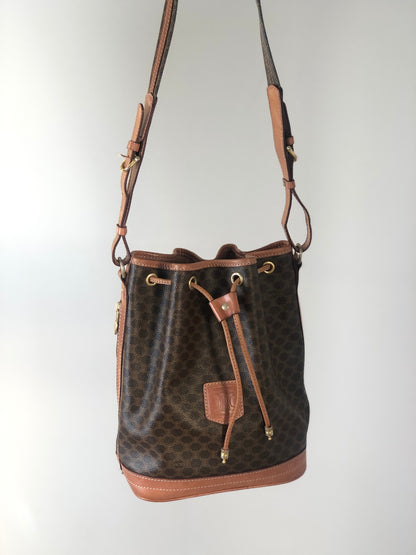 CELINE Macadam Blason Drawstring Shoulder bag Brown Vintage 7zaha3