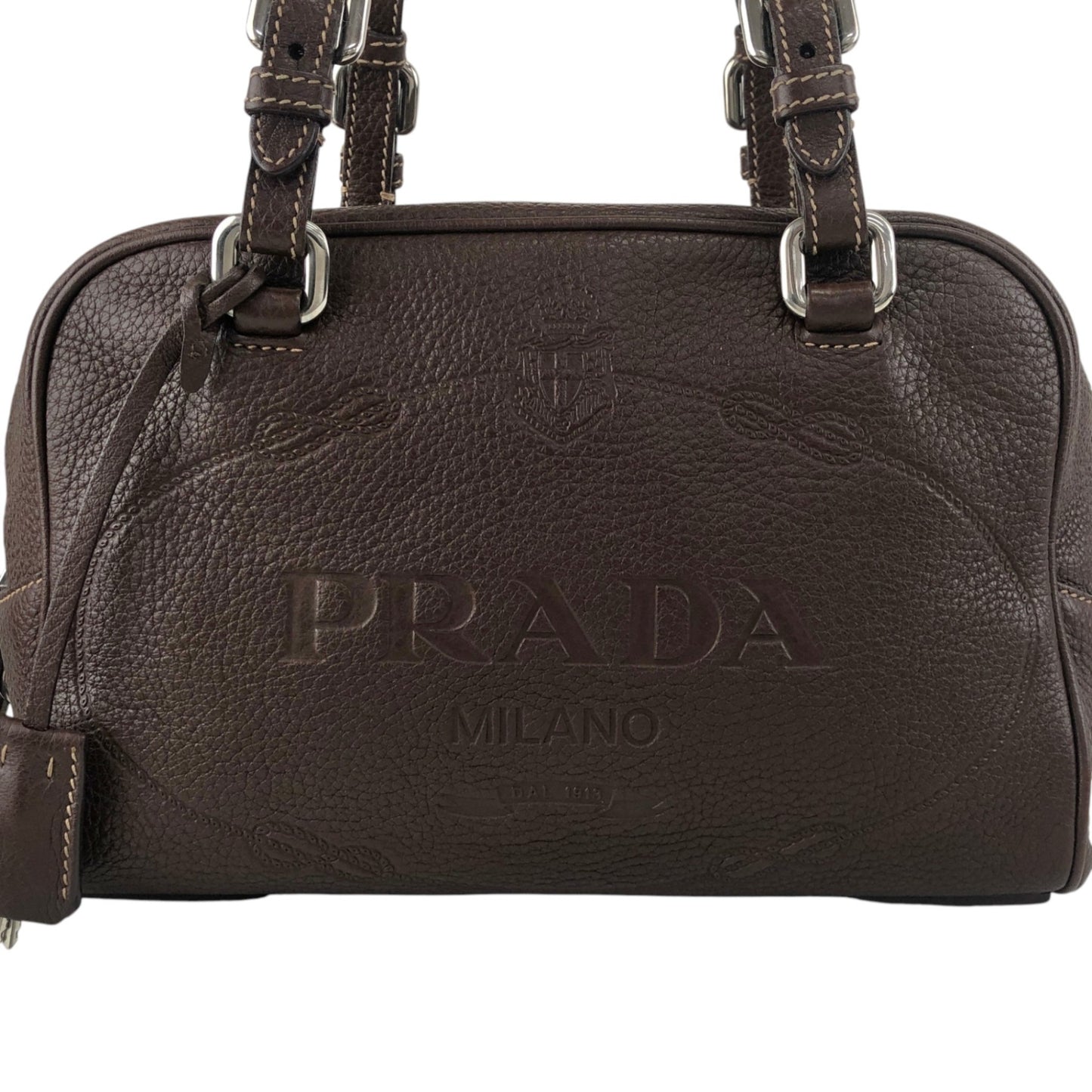 PRADA Logo Embossed Handbag Boston bag Brown Vintage pn7xkf