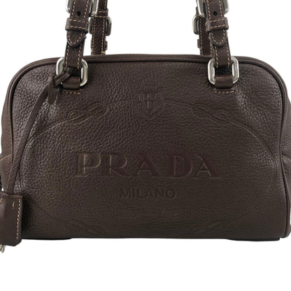 PRADA Logo Embossed Handbag Boston bag Brown Vintage pn7xkf