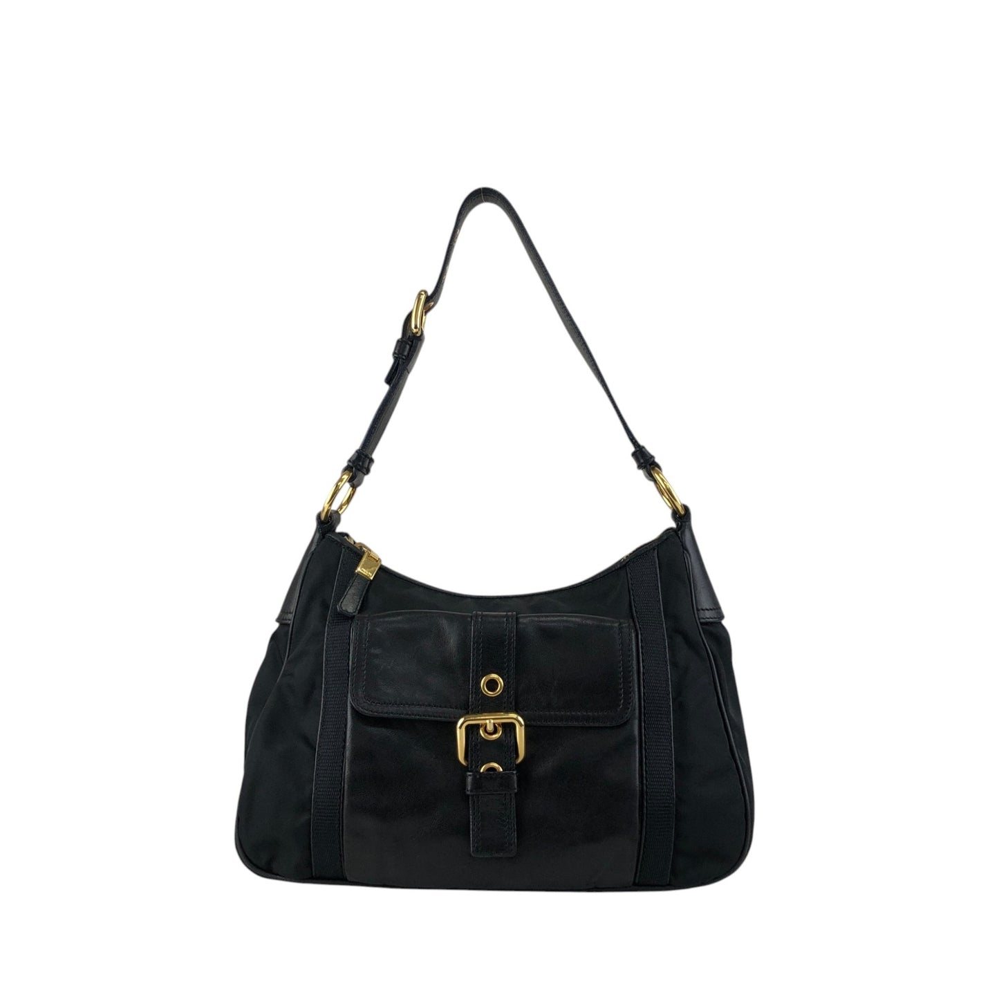 PRADA Triangle Logo Front Buckle Shoulder bag Hobobag Black Vintage kmr53p