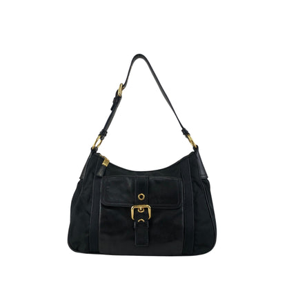 PRADA Triangle Logo Front Buckle Shoulder bag Hobobag Black Vintage kmr53p