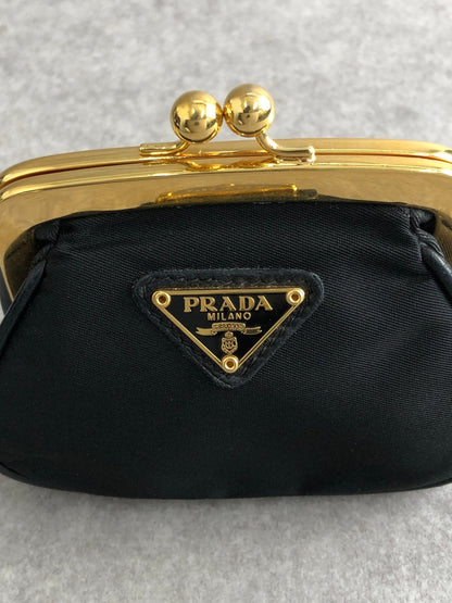 PRADA Triangle Logo Metal Clasp Coin Purse Black Vintage 7myyux
