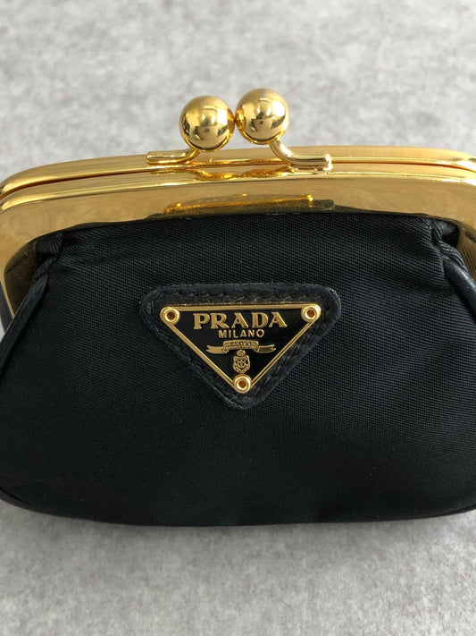 PRADA Triangle Logo Metal Clasp Coin Purse Black Vintage 7myyux