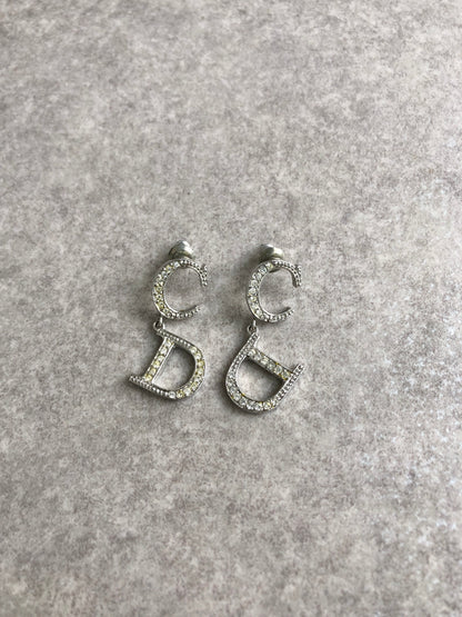 Christian Dior CD Logo Rhinestone Pierced Silver Vintage biaucg
