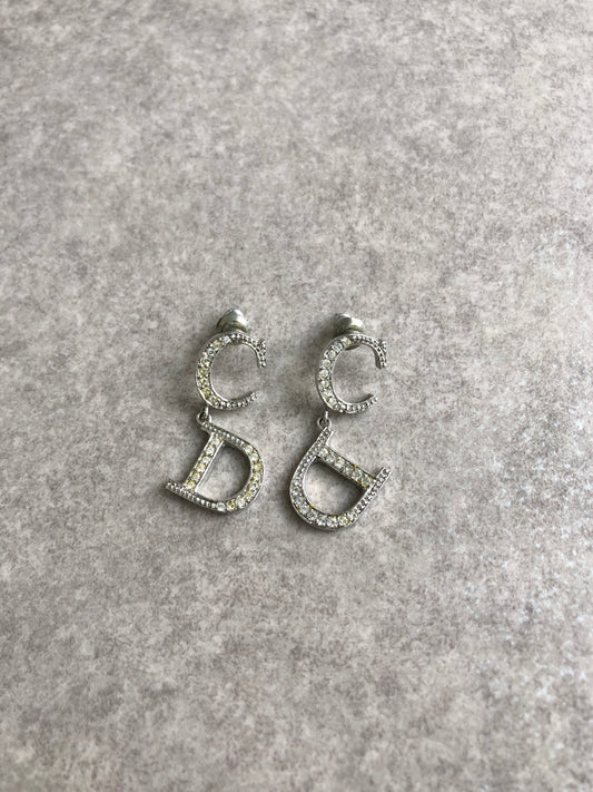 Christian Dior CD Logo Rhinestone Pierced Silver Vintage biaucg