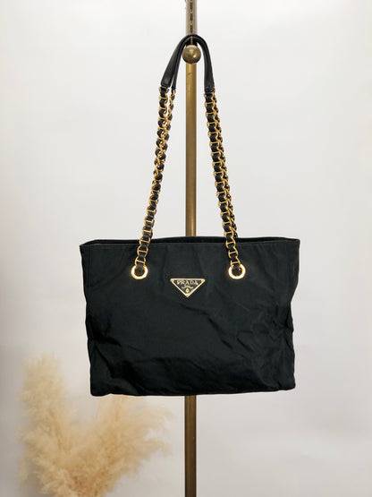 PRADA Triangle Logo Chain  Shoulder bag Black Vintage 3kypr7