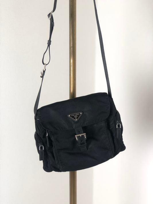 PRADA Triangle Logo Front Buckle Nylon Shoulder bag Black Vintage fjspwm