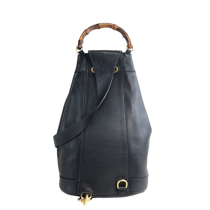 GUCCI Bamboo Leather Drawstring Shoulder bag Black Vintage f5ytcx